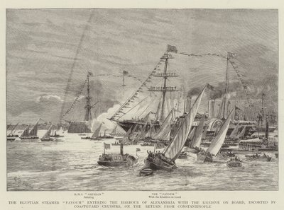 Den egyptiske dampbåten Fayoum kommer inn i havnen i Alexandria med Khedive om bord, eskortert av Coastguard Cruisers, på returen fra Konstantinopel av Charles William Wyllie