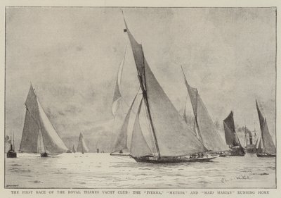 Det første løpet av Royal Thames Yacht Club, Iverna, Meteor og Maid Marian som løper hjem av Charles William Wyllie