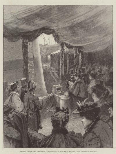 The Floating of HMS Majestic, i Portsmouth, 31. januar, døpte prinsesse Louise skipet av Charles William Wyllie