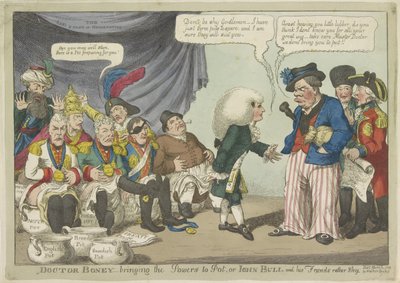 Dokter Napoleon zet de europeiske vorsten i potten, 1808 Doktor Boney - bringer kreftene til potten, eller John Bull og vennene hans ganske sjenerte (tittel på objekt) av Charles Williams