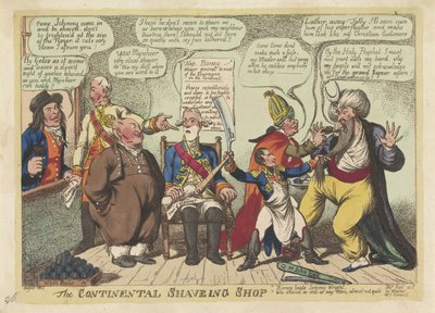 Napoleon som barberer for europeiske makter, 1806 The Continental Shaving Shop (tittel på objekt) av Charles Williams