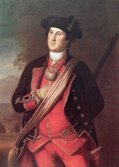 George Washington i uniformen til en oberst fra Virginia Militia under den franske og indiske krigen (1755-63) (farge litho) av Charles Willson (after) Peale