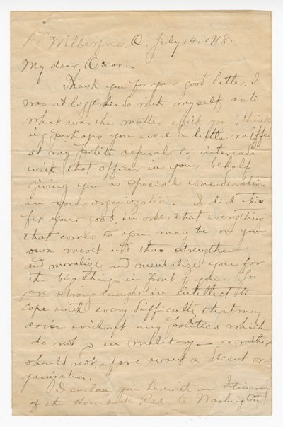Brev til Oscar W. Price fra oberst Charles Young, 14. juli 1918. av Charles Young