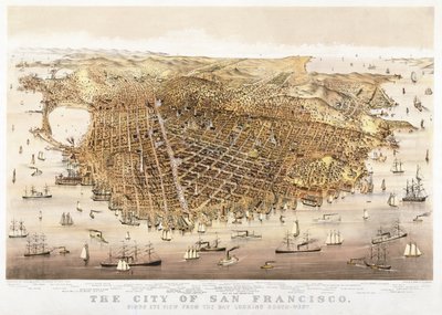 The City of San Francisco, fugleperspektiv fra bukten ser sør-vest, utgitt av Currier & Ives av Charles Richard Parsons