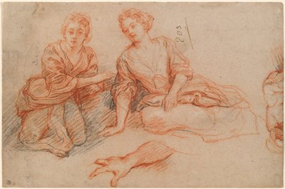 To unge kvinner sitter på bakken [recto] av Charles de la Fosse