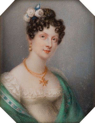 Portrett av Georgina Viscountess Newport, senere grevinne av Bradford, ca. 1819 (olje på lerret) av Charlotte Jones