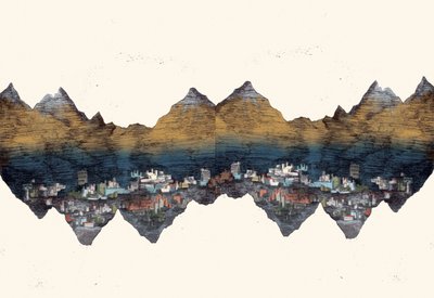 And the Mountains Echoed, 2013 (tørrpunkt-etsing og digital) av Charlotte Orr
