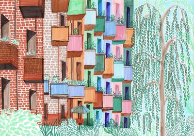 Balkonger i Kreuzberg, 2017 (penselpenner) av Charlotte Orr