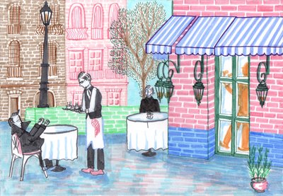 Cafe, 2017 (penselpenner) av Charlotte Orr