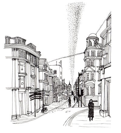 Cornmarket Street, 2019 (penn og blekk) av Charlotte Orr