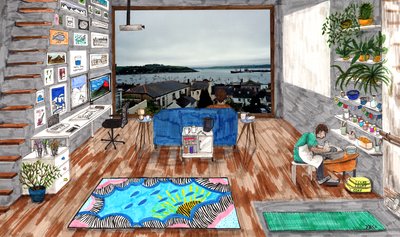 Coronamaison, 2020 (penselpenner på papir) av Charlotte Orr