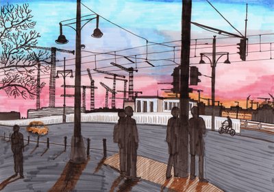 Kraner ved Warschauer Straße, 2017 (børstepenner) av Charlotte Orr