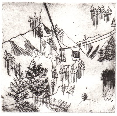 Mayrhofen-fjellene, 2015 (tørrpunkt-etsing og digital) av Charlotte Orr
