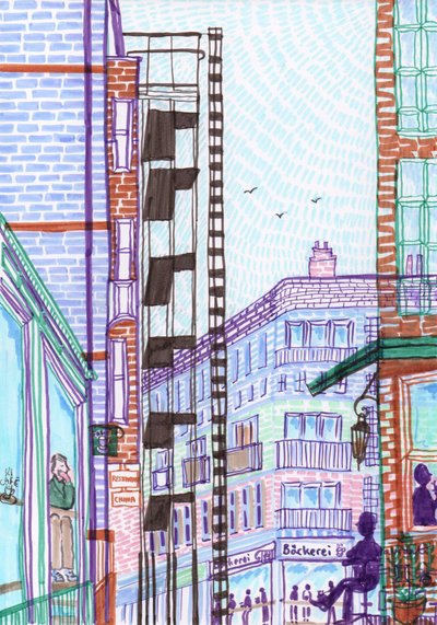 Prenzlauer Berg, 2017 (penselpenner) av Charlotte Orr