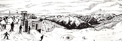 Ski i Østerrike, 2020 (fine liner på papir) av Charlotte Orr