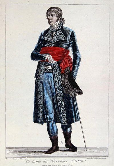 Kostyme til en statssekretær i perioden med konsulatet (1799-1804) av Den første republikk i Frankrike, ca. 1800 (farget gravering) av Chataignier Chataignier
