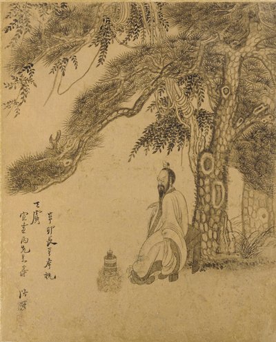 Forbereder eliksiren under en furu, Qing-dynastiet, 1651 (blekk på gullpapir) av Chen Hongshou