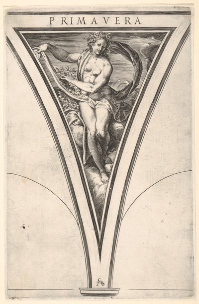 Spring Primavera representert som en kvinne som bærer en bølgende drapering og kranser..., ca. 1570-1615. av Cherubino Alberti