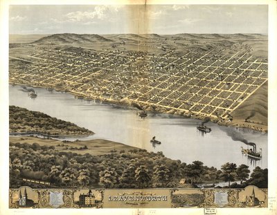 Fugleperspektiv av byen Leavenworth, Kansas 1869 av Chicago Lithographing Co.