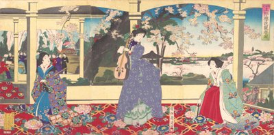 A Dance Party: Enjoying Cherry Blossom Viewing at Ueno Tobukai Ueno oka yuran no z..., mars, 1887. av Chikanobu Yoshu