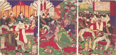 Ledere for Pacification of the Kagoshima Rebels feirer med kopper ..., 20. september 1877. av Chikanobu Yoshu