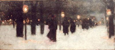 Across the Common on a Winter Night, ca. 1885-86 (olje på panel) av Childe Frederick Hassam