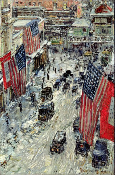 Flagg på 57th Street, vinter 1918 (olje på lin) av Childe Frederick Hassam