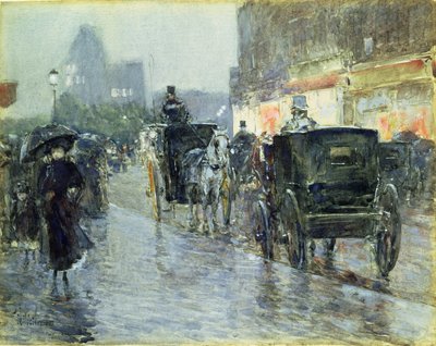 Horse Drawn Cabs at Evening, New York, ca. 1890 (akvarell og gouache på papir) av Childe Frederick Hassam