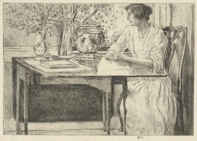 The Colonial Table (Holley House, Cos Cob) (recto); Landskap med låve (verso) av Childe Hassam