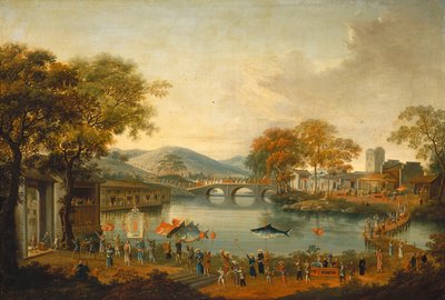 Prosesjon ved en innsjø av Chinese Qing Dynasty