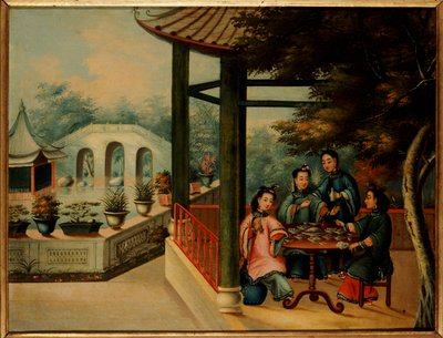 En kinesisk hagescene med damer som tar te, midten av 1800-tallet av Chinese School