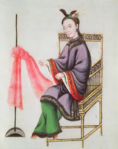 En kinesisk kvinne lager et fiskenett, Qianlong-perioden (1736-96) (gouache på papir) av Chinese School