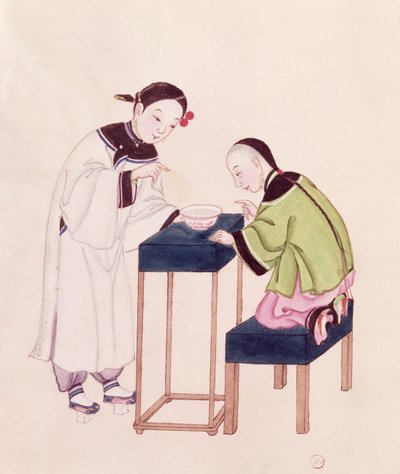 En jente som leter etter flaks i en skål med vann (wc på papir) av Chinese School