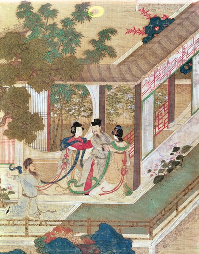 Et romantisk møte, illustrasjon fra en tradisjonell kinesisk roman (wc på papir) av Chinese School