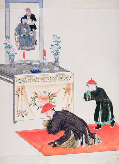 Tilbedelsesscene ved forfedrenes alter (wc på papir) av Chinese School