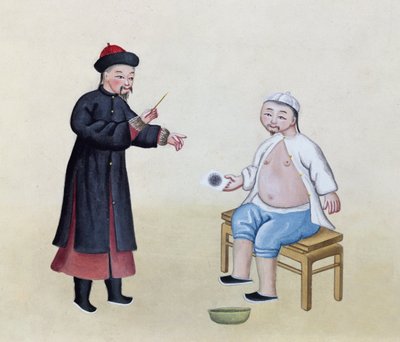 En akupunktør med sin pasient, ca. 1785 (wc på papir) av Chinese School