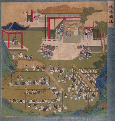 Gamle kinesiske keiser og keiserinne holder hoff foran hoffmenn som båter inn og drakk fra en dam med risvin og forsyner seg av bacon (wc og gouache på papir) av Chinese School