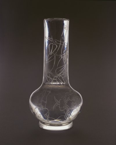 Flaske gravert med bambus, lingzhi-soppplanter og steiner, Qianlong-merke og periode, 1736-95 (glass) av Chinese School