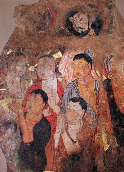 Buddhisme: ""Gruppe av munker og Bodhisattvaer"" (eller bodhisatta) (Bodhisattvaer og munker) Fragment av freskomaleri fra 800-tallet fra det kinesiske klosteret Shiksha. Mål 144x101 cm Eremitagemuseet, St. Petersburg av Chinese School
