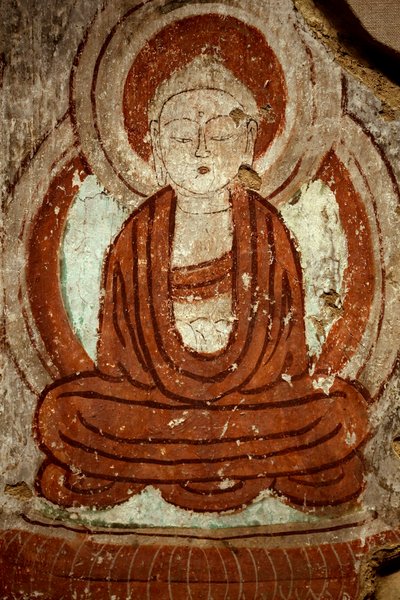Buddha. Maleri, mønster av hulen til tusen Buddhaer i Tourfan (Kina), Cave 4 Yarkhoto, 9. århundre. Nasjonalmuseet i Korea, Seoul (Sør-Korea). av Chinese School