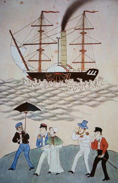 Kinesisk maleri av det første britiske dampskipet og passasjerene som landet i Canton ca. 1840 (se også 268028) av Chinese School
