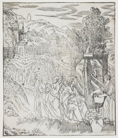 Kristus ved brønnen, tallerken fra Giulio Alenis Tianzhu jiangsheng zhuxiang jingjie (En illustrert historie om himmelens Herre som ble inkarnert i kjødet), Jinjiang kirke, Fujian-provinsen, Chi av Chinese School
