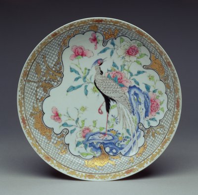 Fat malt med en langhalefugl, steiner og blomster, Yongzheng-perioden, 1725-35 (eggeskallporselen) av Chinese School