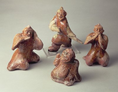 Tidlig kinesisk keramikkgruppe på fire underholdere, gravartefakt, Han-dynastiet, 25-220 e.Kr. (keramikk) av Chinese School