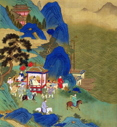 Keiser Chin Wang Ti (221-206 f.Kr.) reiser i en palankin, fra en historie med kinesiske keisere (farge på silke) av Chinese School