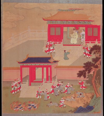 Keiser Chin Wang Ti (r.221-210 f.Kr.) brenner alle kinesiske bøker og kaster akademikerne i en dyp kløft, fra en historie med kinesiske keisere i 213 f.Kr. (farge på silke) av Chinese School