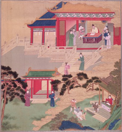 Keiser Tai Tsung (r.762-779) leser en medisinsk bok, fra en historie med kinesiske keisere (farge på silke) av Chinese School
