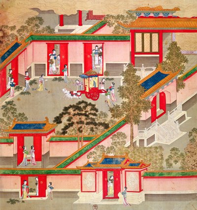 Keiser Wu Ti (156-87, r.141-87 f.Kr.), forlater palasset sitt, fra en historie med kinesiske keisere (farge på silke) av Chinese School