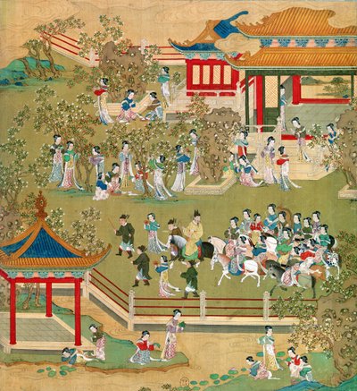 Keiser Yang Ti (581-618) spaserer i hagene sine med konene sine, fra en historie med kinesiske keisere (farge på silke) (se også 176855) av Chinese School