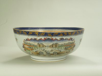 Famille roseskål med ovalt bladpanel som viser Foundling Hospital på 1750-tallet, Qianlong-perioden (1736-95) ca. 1790 (keramikk) (se også 294699) av Chinese School